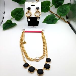 Double Necklace & Earring Set Gold Chain Pearl Black Cushion Faceted  NEW